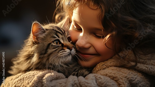 a small, adorable child tenderly embracing a fluffy cat. Their genuine smiles radiate happiness and love in this touching moment of pure innocence.