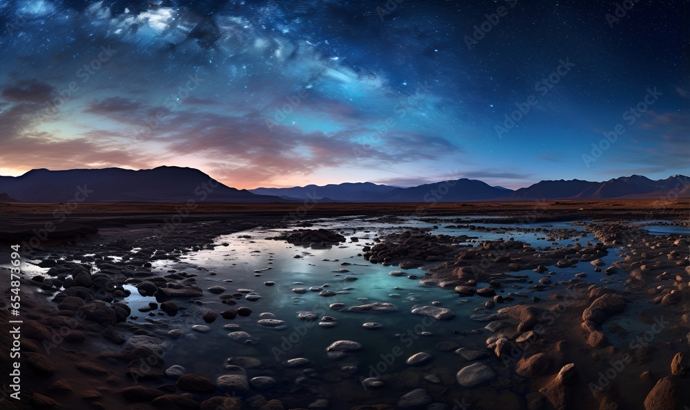 Fototapeta premium view of rock lake with beautiful arctic sky, ai generative