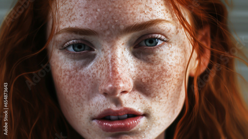 Teen with freckles on her face and red hair posing. AI generated