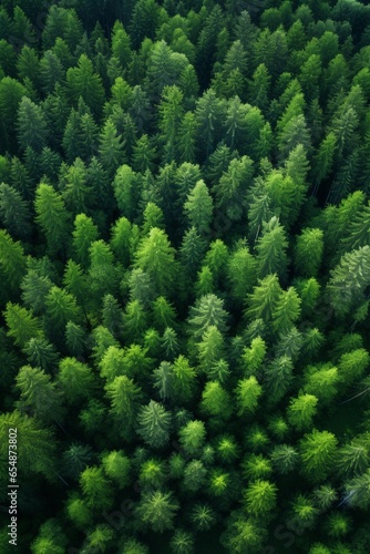 Aerial view of coniferous forest with coniferous trees