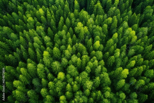 Aerial view of coniferous forest with coniferous trees