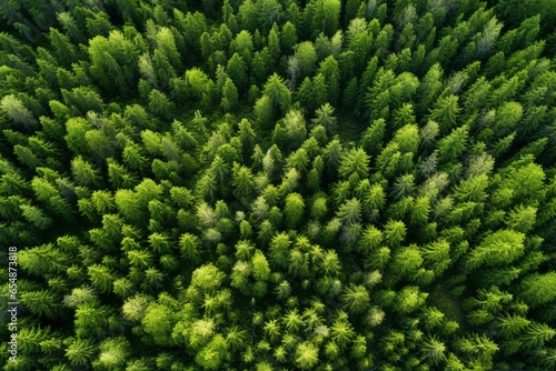 Aerial view of coniferous forest with coniferous trees © Viewvie