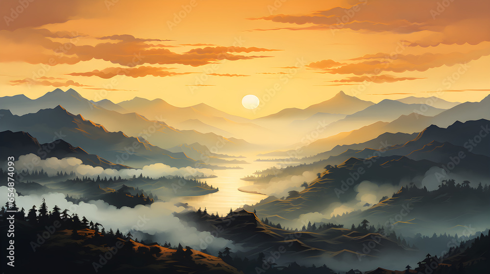 Create an atmospheric and visually striking landscape illustration capturing the serene beauty of dawn. Envelop the scene in a mysterious mist that delicately diffuses the strong, golden sunlight.