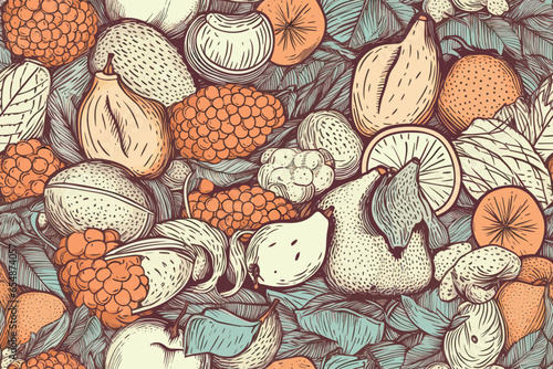 Seamless pattern with various whole and sliced fruits, berries, and vegetables. Summer vector background with juicy fruits, suitable for wallpaper, wrapping paper, fabric, textile, and design.