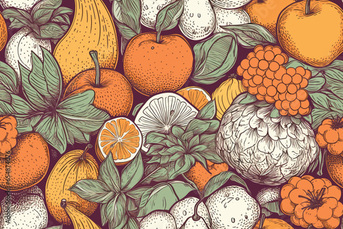 Seamless pattern with various whole and sliced fruits, berries, and vegetables. Summer vector background with juicy fruits, suitable for wallpaper, wrapping paper, fabric, textile, and design.