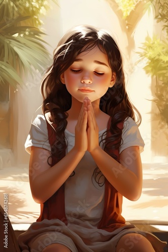 A young praying girl with hands folded at a sunny day