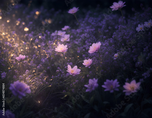 Nature night background. Spring flowers in dark colors. AI