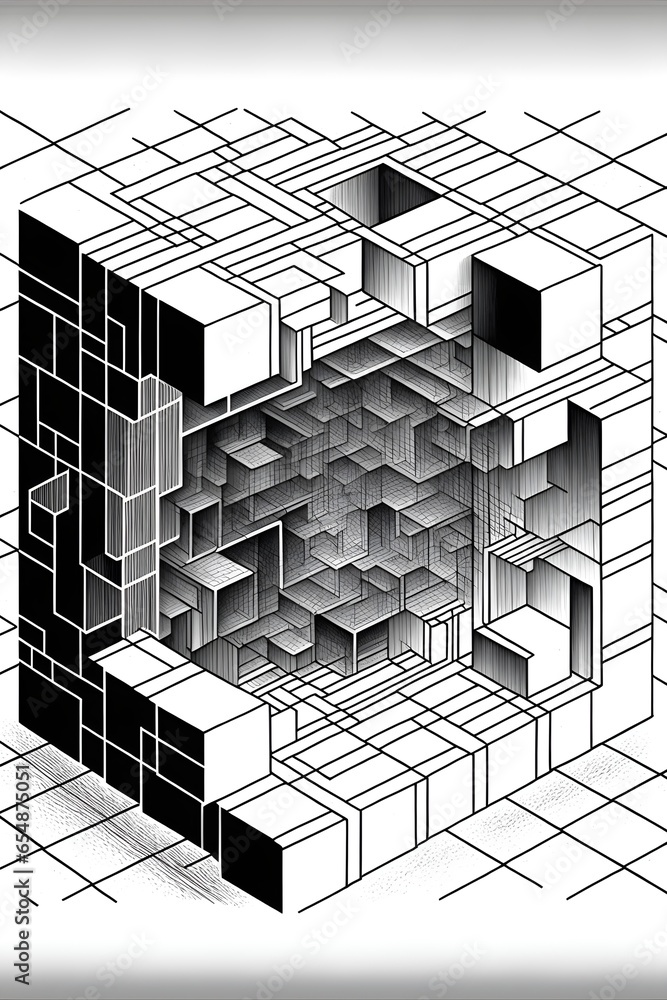 schematic style coloring book page cubic rooms connected each other ...