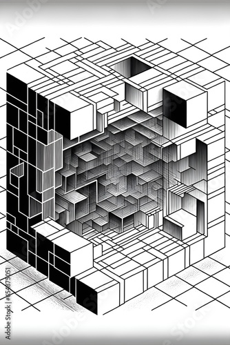 schematic style coloring book page cubic rooms connected each other like tesseract white page black ink 