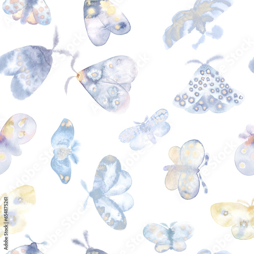 Hand drawn watercolor artsy seamless pattern. Moths or butterflies flying isolated on transparent background PNG. Surface design for textile, wallpaper, gift wrapping paper, decoration, card, print © Note And Silence