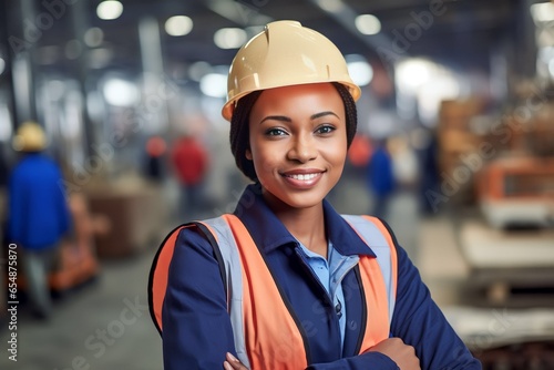 Portrait of young beautiful engineer african american woman working in factory building outdoor