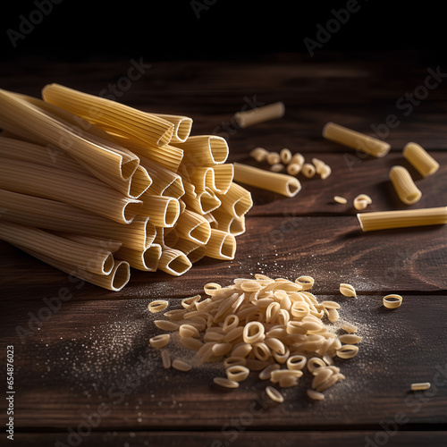 Raw pasta on dark wooden background photo