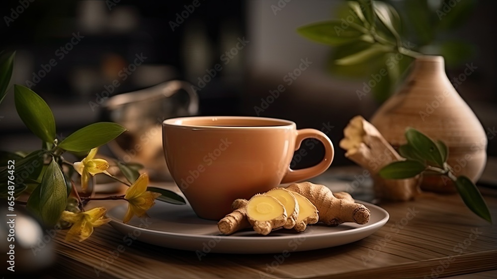 a cup filled with ginger tea, placed on a sleek table alongside fresh ginger root, a teapot, and scattered ginger leaves. The foreground perspective adds depth to the composition. a cup filled with ginger tea, placed on a sleek table alongside fresh ginger root, a teapot, and scattered ginger leaves. The foreground perspective adds depth to the composition.
