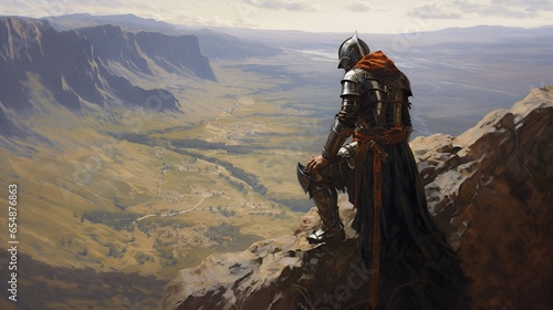 medieval knight on the edge of high ground, ai generative photo