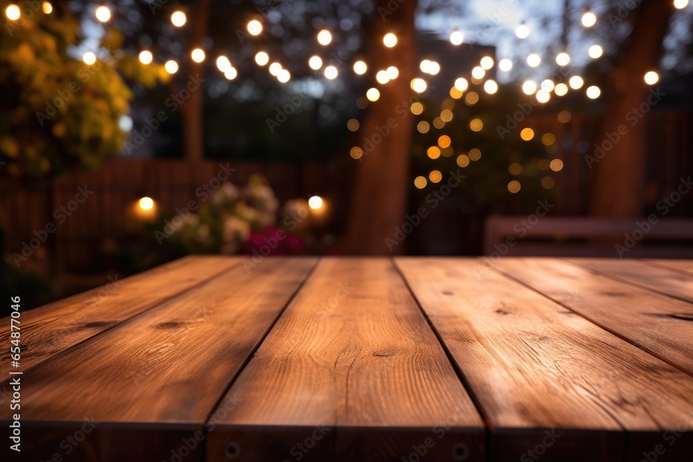 Empty blank wooden plank as stage mock up for product photography with defocused lights in the backyard