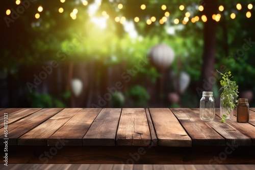 Empty blank wooden plank as stage mock up for product photography with defocused lights in the backyard