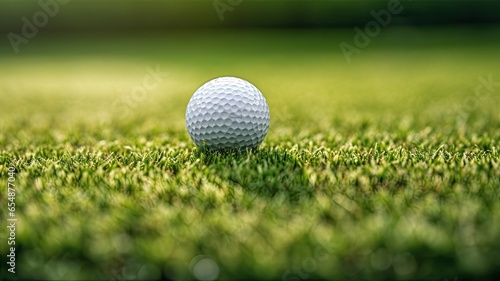 a golf ball sitting on the smooth, short-cropped grass of a putting green. The ball's texture and the precision of the green create an ideal composition.