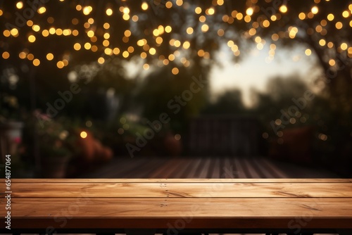 Empty blank wooden plank as stage mock up for product photography with defocused lights in the backyard © Tixel
