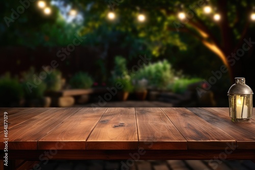 Empty blank wooden plank as stage mock up for product photography with defocused lights in the backyard