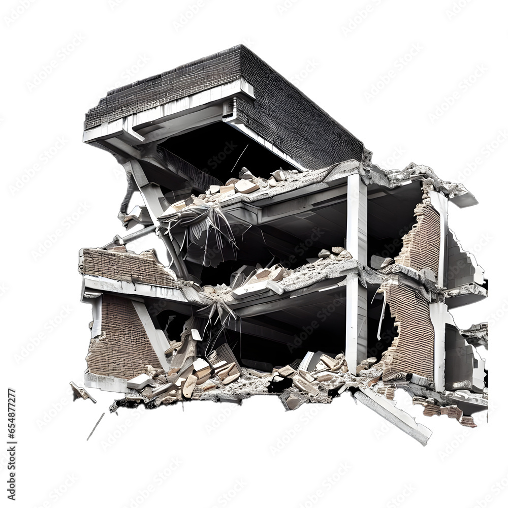 a broken damaged building after an earthquake isolated on a transparent ...
