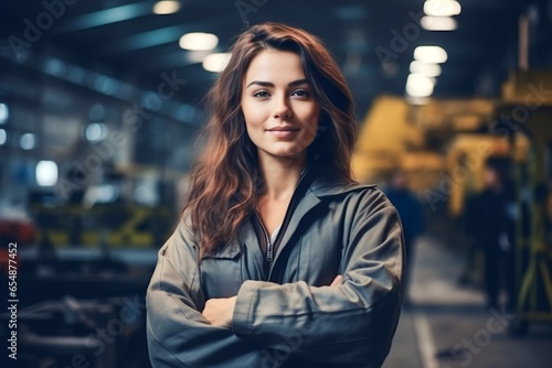 Portrait of young beautiful engineer woman working in factory building © Salsabila Ariadina
