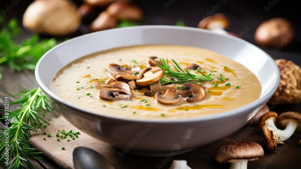 creamy mushroom soup adorned with fresh chanterelles and delicate herbs on a clean white wooden background. creamy mushroom soup adorned with fresh chanterelles and delicate herbs on a clean white wooden background.