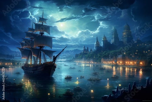 A vibrant harbor of majestic ships in moonlight, combining Victorian art style with a thrilling sci-fi/fantasy/horror essence. Perfect for graphic novels, postcards, or products. Generative AI