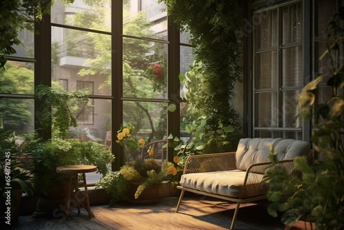 An outdoor space with furniture, plants, and a window on the side. Generative AI