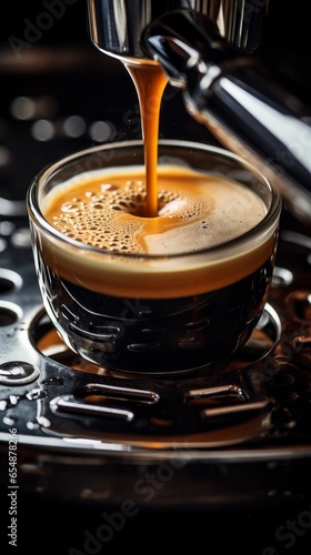 closeup shot, espresso with foam in a steel cup