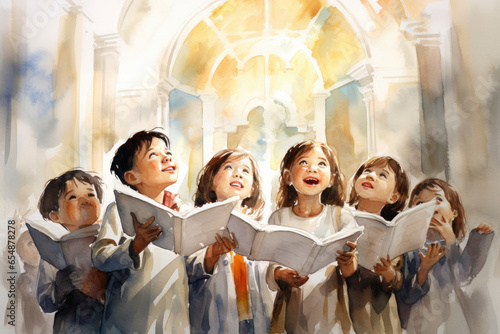 Watercolor illustration of a choir of children sing hymns to God in church