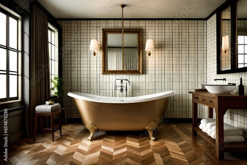 A modern farmhouse bathroom with a deep clawfoot bathtub  colorful mosaic tiles  and a vintage vanity mirror.