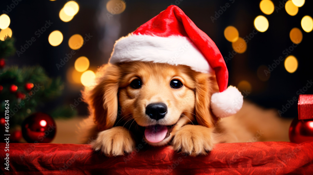 cute puppy with Santa Clause hat Christmas background cute puppy with Santa Clause hat Christmas background
