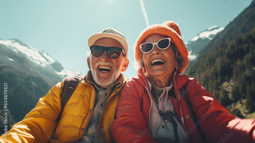 Happy elderly couple laughing on a snowy mountain on a sunny day. They wear warm hats and sunglasses for their excursion, enjoying their retirement and free time