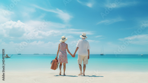 An elderly couple holding hands walk on the sandy beach, enjoying retirement and pension, with blue sky and sea in the background. Wallpaper for a travel agency for old people © Domingo