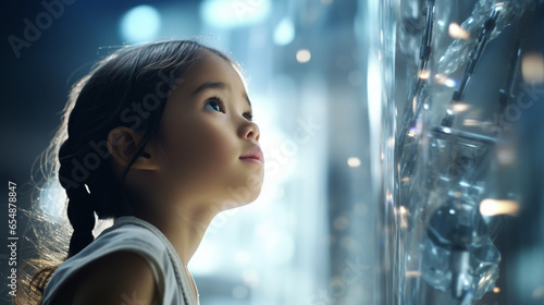 Young Asian girl with braids curiously gazing at a futuristic computational technology surface with wide-open eyes. Digital learning in childhood.