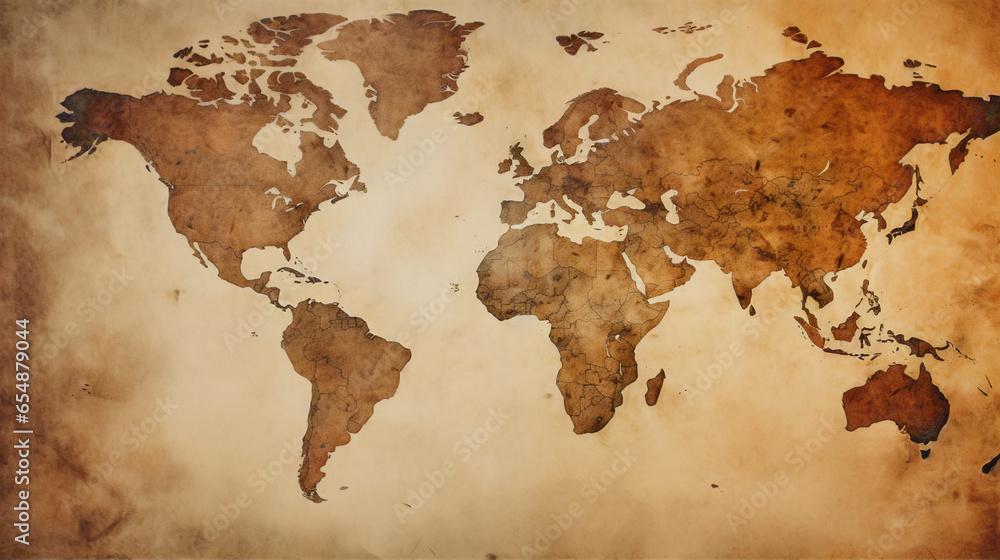 An ancient vintage map of the Earth with the continents on the aged paper of a papyrus or a codex of adventures and travels of a cartographer in burnt brown and sepia tones. History wallpaper - obrazy, fototapety, plakaty 