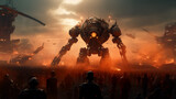 A human army faces a giant robot and futuristic war machines with destructive mechanical artificial intelligence. A cinematic apocalyptic scenario with explosions, bombs and missiles in the background