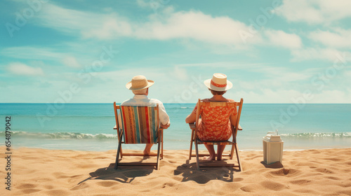 Elderly couple in deck chairs sitting back to back, looking at the horizon of the sea on a beach on a sunny summer day enjoying the sand of vacation, retirement and pension. Lovely wallpaper © Domingo