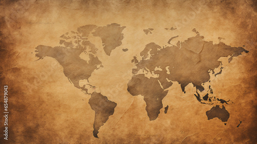 An ancient vintage treasure map of the Earth with the continents on the aged paper of a papyrus or a codex of adventures and travels of a cartographer in burnt, brown and sepia tones. Lost history.