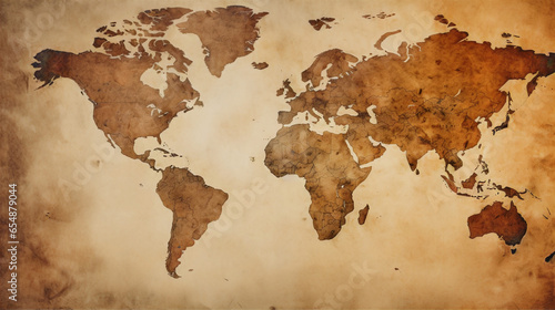 An ancient vintage map of the Earth with the continents on the aged paper of a papyrus or a codex of adventures and travels of a cartographer in burnt brown and sepia tones. History wallpaper photo