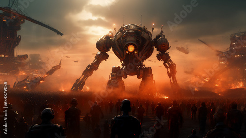 A human army faces a giant robot and futuristic war machines with destructive mechanical artificial intelligence. A cinematic apocalyptic scenario with explosions, bombs and missiles in the background