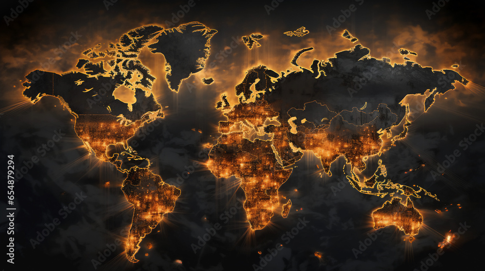 A world map in war with military targets where explosions, fire and bombings occur. Hot atlas for climate change and danger of conflict between countries continents. - obrazy, fototapety, plakaty 