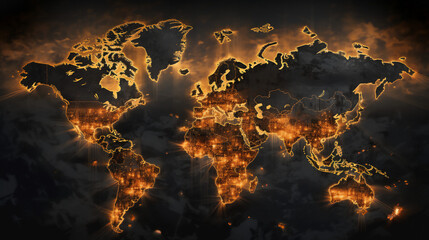 A world map in war with military targets where explosions, fire and bombings occur. Hot atlas for climate change and danger of conflict between countries continents.