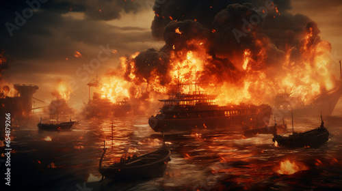 A naval armada of ships and ancient vessels in war, with fire and black smoke. A cinematic apocalyptic historical scenario with medieval old boats. History wallpaper.