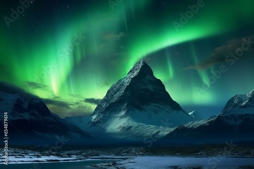 Scenic mountains lit by aurora. Green sky backdrop for wallpaper and open space. Generative AI