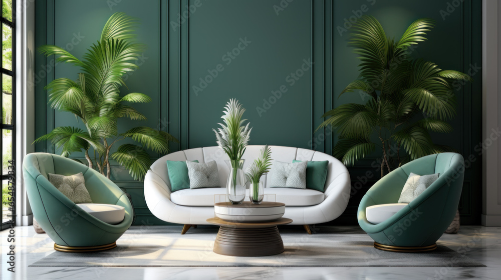 Modern luxury home interior in green shades, comfortable sofa and armchairs, high ceilings and a large window