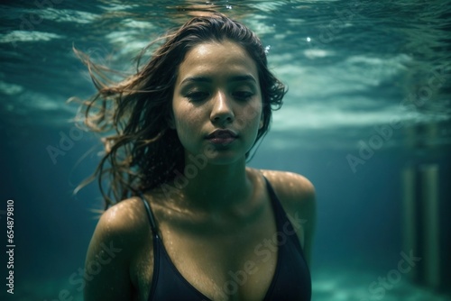  beautiful woman in blue swimming underwater © Fotostockerspb
