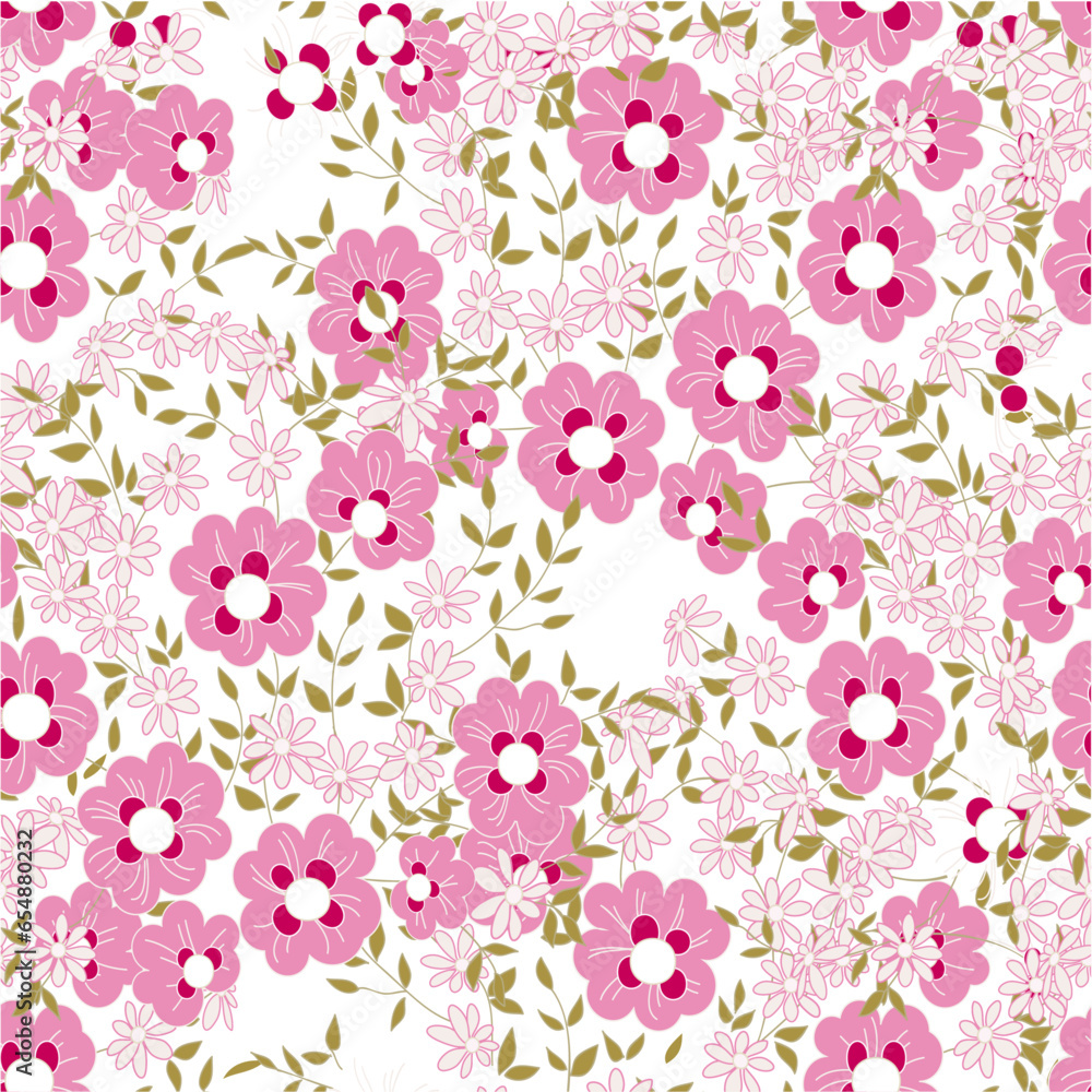 Floral pattern. Blooming, abstract summer meadow. Floral background. Fashionable flower for design. Seamless background. Small flowers are scattered. Еlegant floral texture.