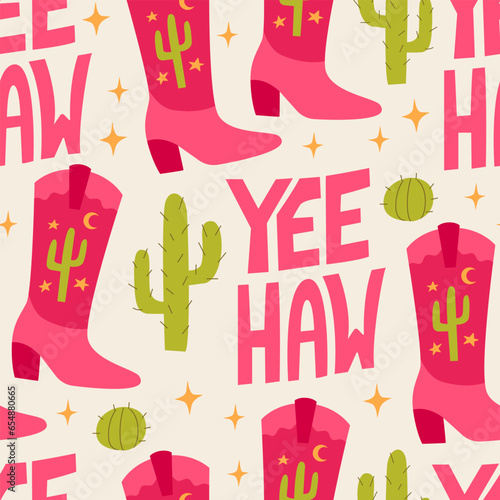 Seamless pattern with pink cowboy boots, cactuses and lettering yeehaw. Vector wild west background photo