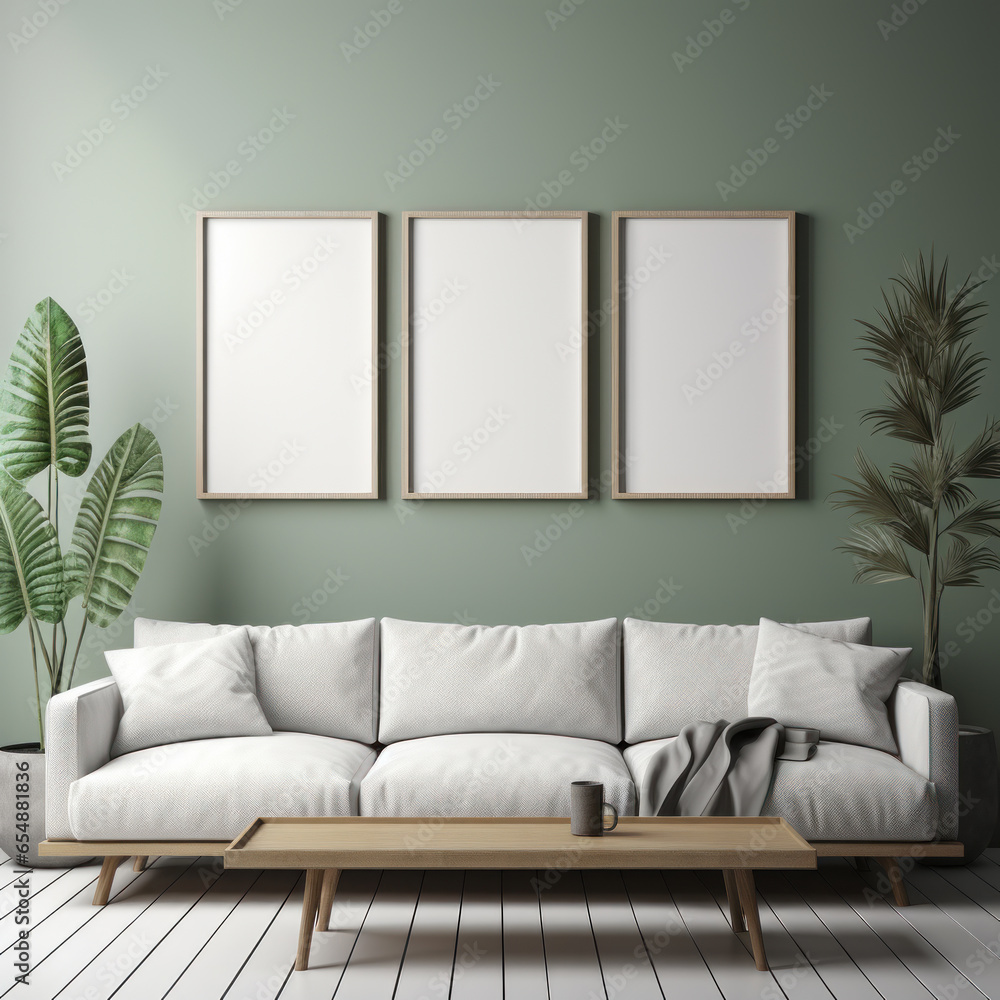 Fototapeta premium Part of interior mockup, sofa near wall, empty picture frames, light and shadow from window